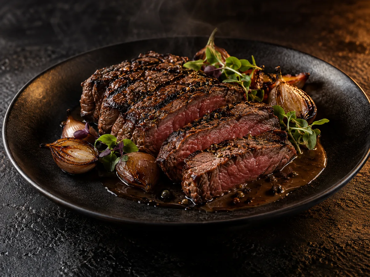 Sliced charcoal-grilled striploin with roasted shallots