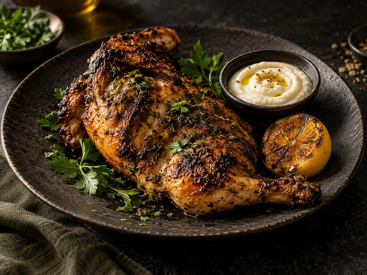 Herb-charred half chicken with roasted lemon